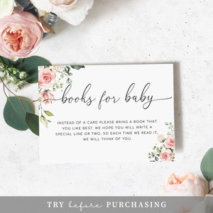 以下が含まれることがあります： ピンクの花のイラストが描かれた白いカードに「books for baby」の文字が書かれています。カードには、「カードの代わりに、お気に入りの本を持ってきてください。あなたのお気に入りの本に、特別な一行か二行書いていただけると嬉しいです。そうすれば、私たちがその本を読むたびに、あなたを思い出すことができます。」と書いてあります。