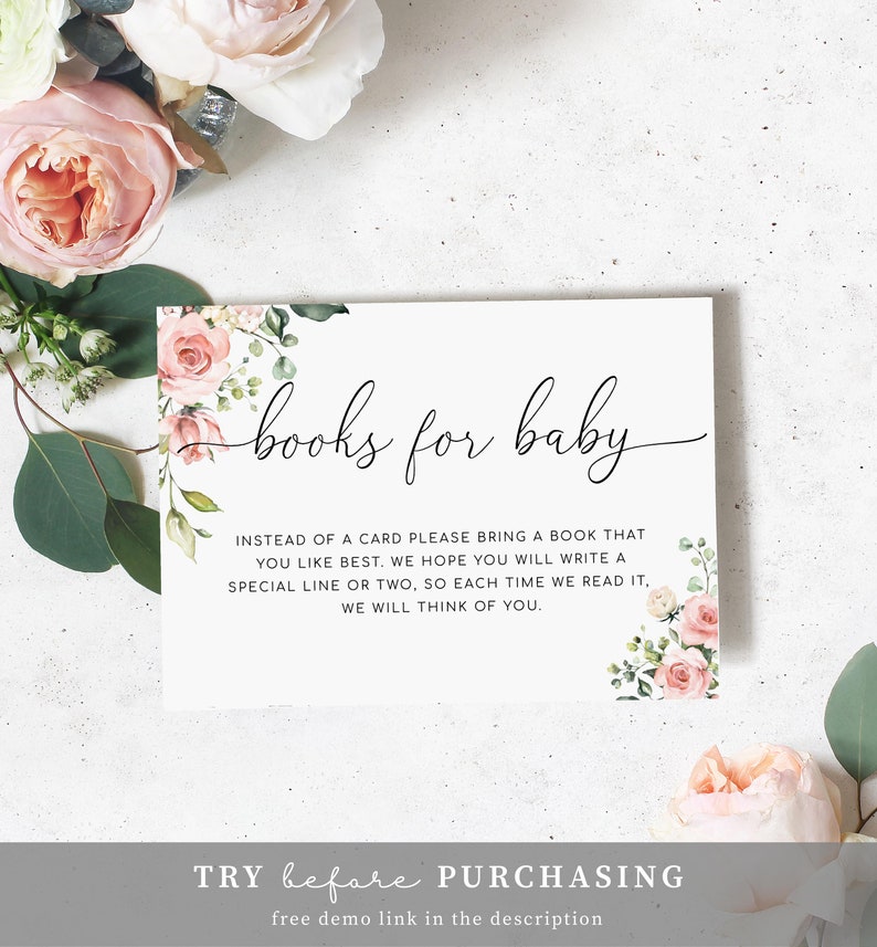 以下が含まれることがあります： ピンクの花のイラストが描かれた白いカードに「books for baby」の文字が書かれています。カードには、「カードの代わりに、お気に入りの本を持ってきてください。あなたのお気に入りの本に、特別な一行か二行書いていただけると嬉しいです。そうすれば、私たちがその本を読むたびに、あなたを思い出すことができます。」と書いてあります。
