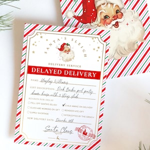 Może przedstawiać: Karta świąteczna z czerwono-białym paskiem. Karta głosi "Santa's Sleigh Delivery Service" i "Delayed Delivery". Opis prezentu to "Pink Barbie pool party dream house with 3 story slide."