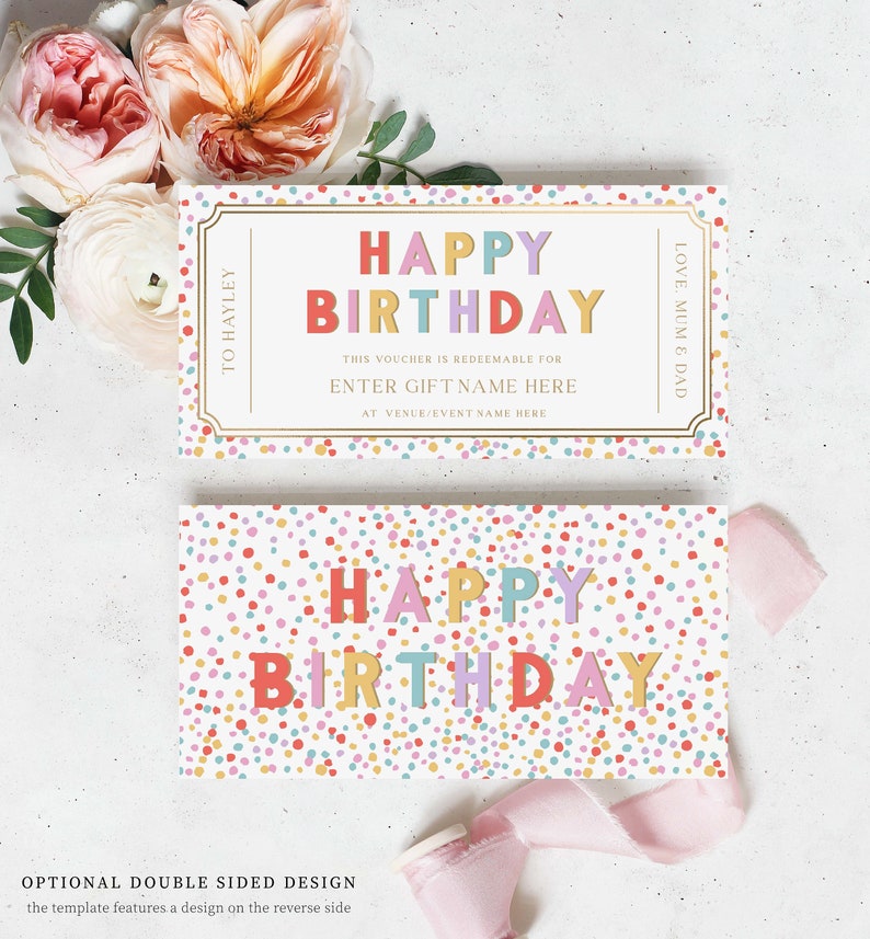 Happy Birthday Custom Gift Voucher Template, Printable Birthday Gift Certificate, Unisex Printable Birthday Gift Coupon, Theatre Tickets Voucher, Babysitting Voucher, Concert Ticket Voucher, Money Gift Voucher