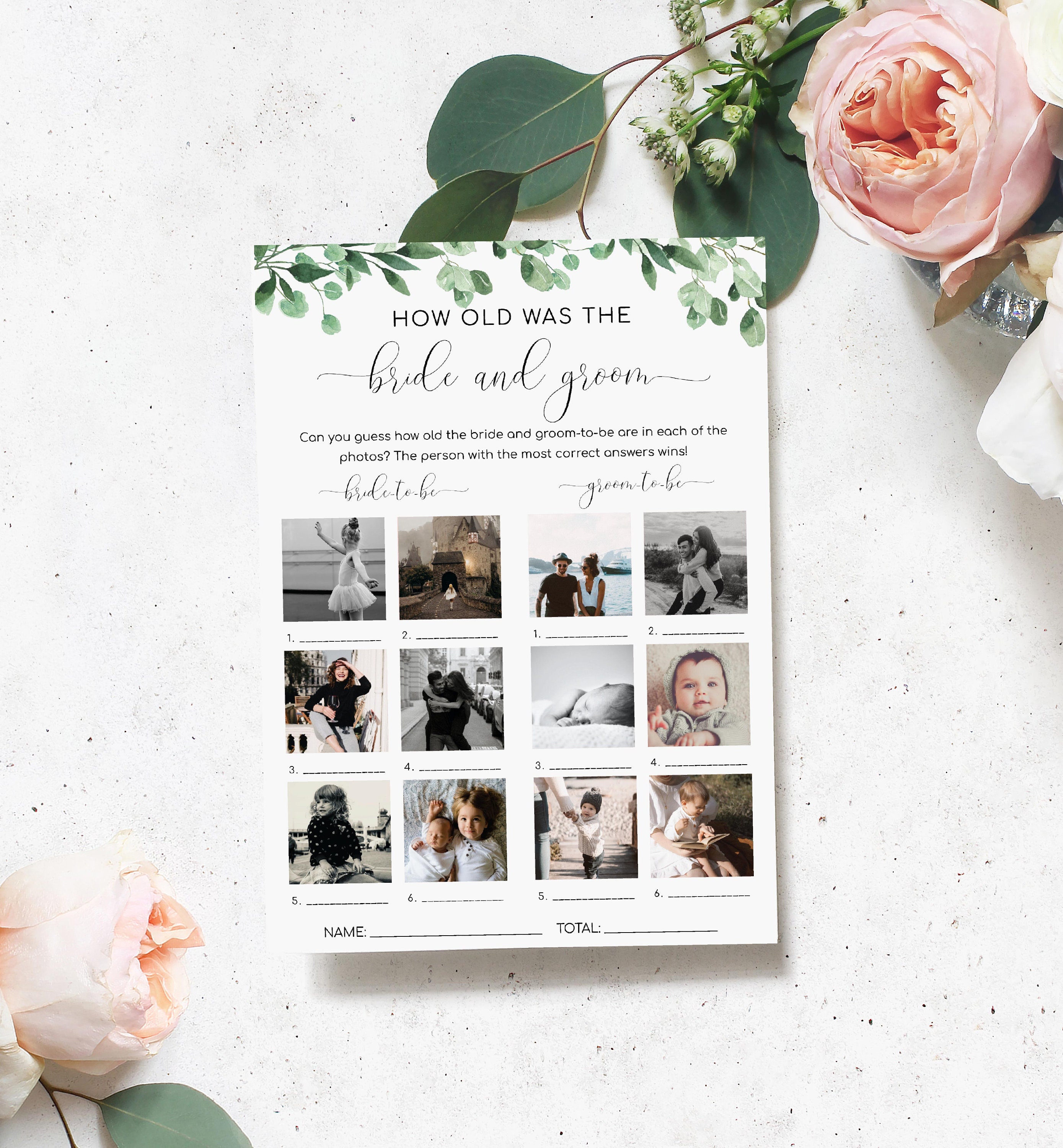How Old Was The Bride and Groom Photo Game, Eucalyptus Greenery Baby Photo Game, Age Guessing Game, Bridal Shower Game, Everly