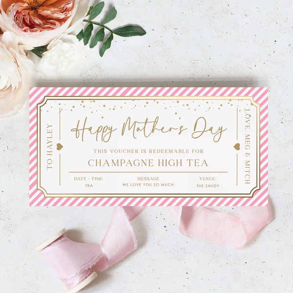 Printable High Tea Gift Voucher, Mother's Day Afternoon Tea Gift Certificate, Restaurant Voucher Coupon Paintly Stripe