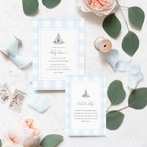 Faire-part baby shower garçon voilier, demande de livre et carte d'informations - Faire-part baby shower marin bleu vichy pique-nique