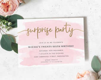 Pink Watercolor Surprise Party Printable  Invitation