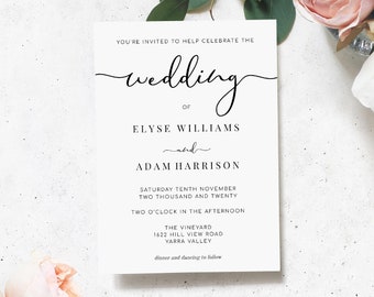 Printable Modern Minimalist Wedding Invitation Template - Black and White Wedding Invitation - DIY Wedding Invitations - Modern Script