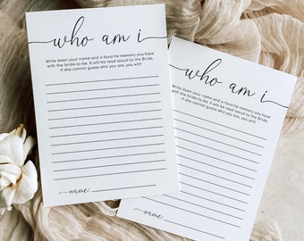 Who Am I Bridal Shower Game, Printable Favorite Memory With The Bride Game, Modern Minimalist Bridal Shower Game, Quinn Script
