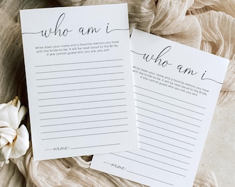 Who Am I Bridal Shower Game, Printable Favorite Memory With The Bride Game, Modern Minimalist Bridal Shower Game, Quinn Script