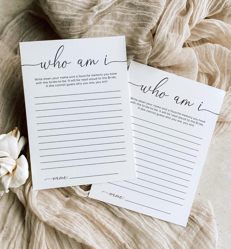 Who Am I Bridal Shower Game, Favorite Memory With The Bride Game, Modern Minimalist Bridal Shower Game, Quinn Script