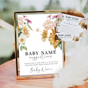 Modèle de carte et de signe de suggestions de noms de bébé, tournesol d’automne, jeu d’idées de noms de bébé imprimables, jeu de baby shower neutre en termes de genre
