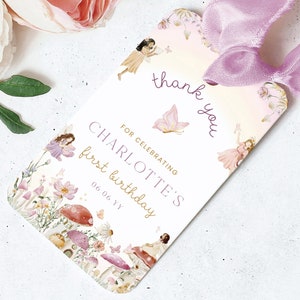 Etichetta di ringraziamento stampabile per fata, etichetta di ringraziamento per principessa fata, etichetta di ringraziamento per compleanno bambina, festa del tè nel giardino delle fate, fungo fungo