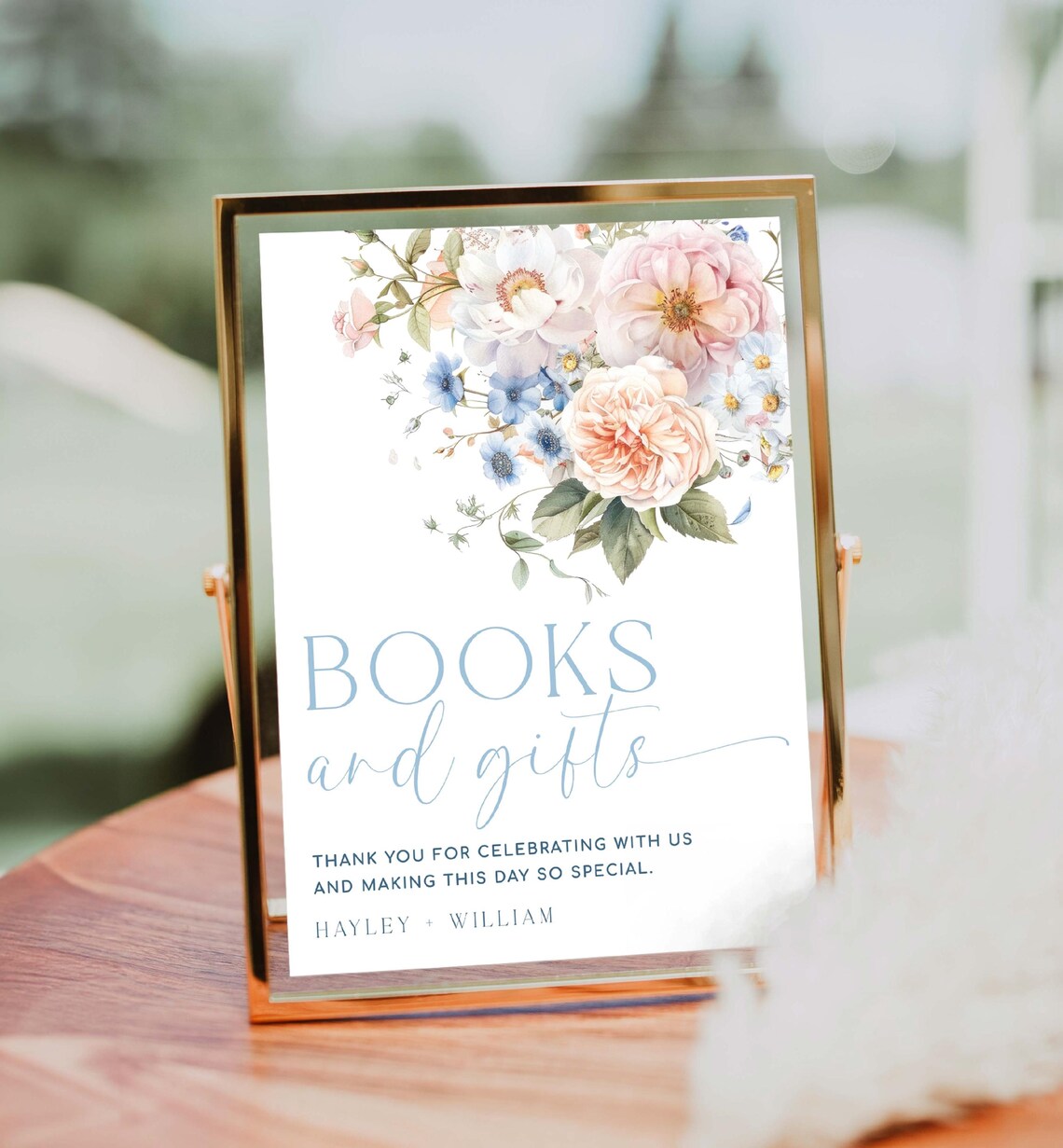 Dusty Blue Floral Books and Gifts Sign, Baby Shower Template (digital ...