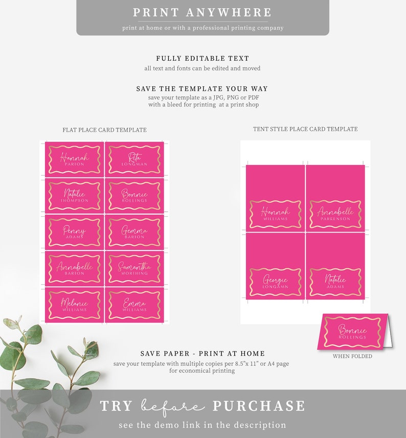 Marque-places imprimables, courbes en forme de vague, or rose vif, cartes de noms modifiables pour baby shower, cartes de table pour enterrement de vie de jeune fille soirée, cartes pour baby shower image 5