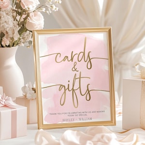 Letrero imprimible para tarjetas y regalos, acuarela rosa, letrero para mesa de regalo de baby shower de niña, letrero para pozo de los deseos de boda, letrero para regalo de despedida de soltera