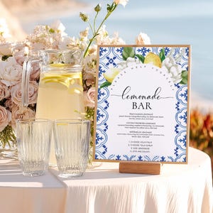 Printable Lemonade Bar Sign, Mediterranean Blue Tile Lemons, Editable ...