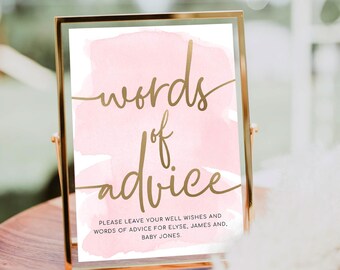 Words of Advice Sign and Card - Pink Watercolour - Printable Bridal and Baby Shower Sign - Gold Foil - Newlyweds Advice - Parental Advice