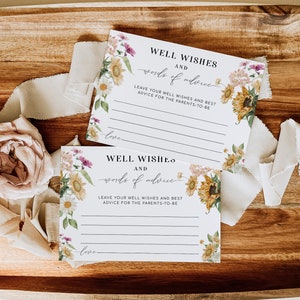 Bewerkbare woorden van adviesbord en kaart, herfstbloemen zonnebloem afdrukbaar ouderlijk advies, kaart herfst babyshower goed wensen, stallen