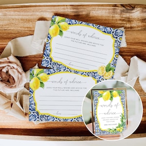 Worte der Beratung Karten und Schild, Positano Blue Tile Lemon, Beratung für die Braut-zu-sein, Jungvermählten Worte der Weisheit, Brautdusche Beratung Karten