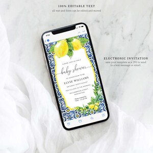 Digital Baby Shower Smartphone Invitation, Text Message Invite, Positano Blue Tile Lemons Baby Shower Invite Template, Evite, Italian Lemons