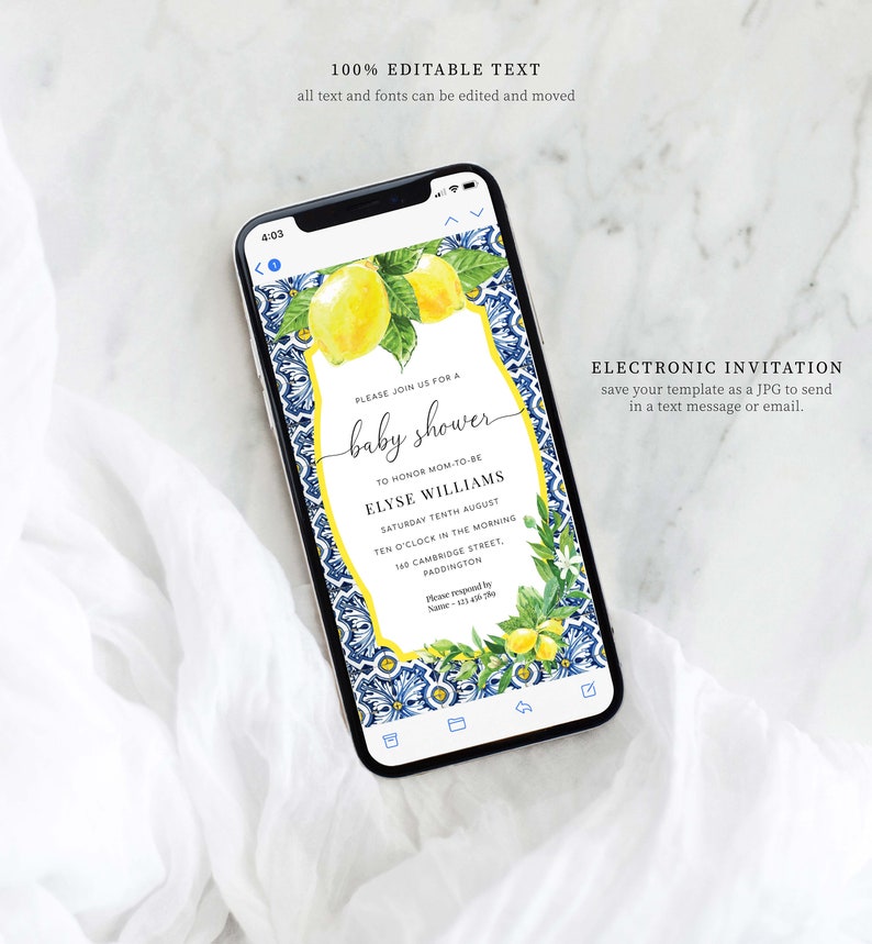 Digital Baby Shower Smartphone Invitation, Text Message Invite, Positano Blue Tile Lemons Baby Shower Invite Template, Evite, Italian Lemons