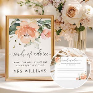 Plantilla imprimible de letrero y tarjeta con consejos para novias, diseño floral en melocotón, tarjetas de consejos para recién casados, letrero para despedida de soltera, Darcy
