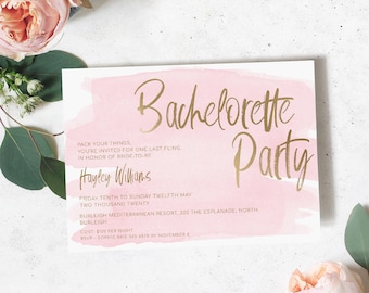 Pink and Gold Bachelorette Party Invitation - Gold Foil - Hens Party Invite - Bridal Shower Invite - Pink Watercolor - DIY Hens Party