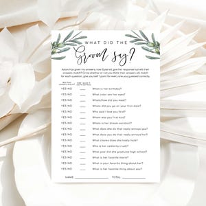 Was hat der Bräutigam gesagt, Spiel, druckbar, wie gut der Bräutigam die Braut kennt, italienisches Olivenblatt-Brautduschenspiel, Olivenhain