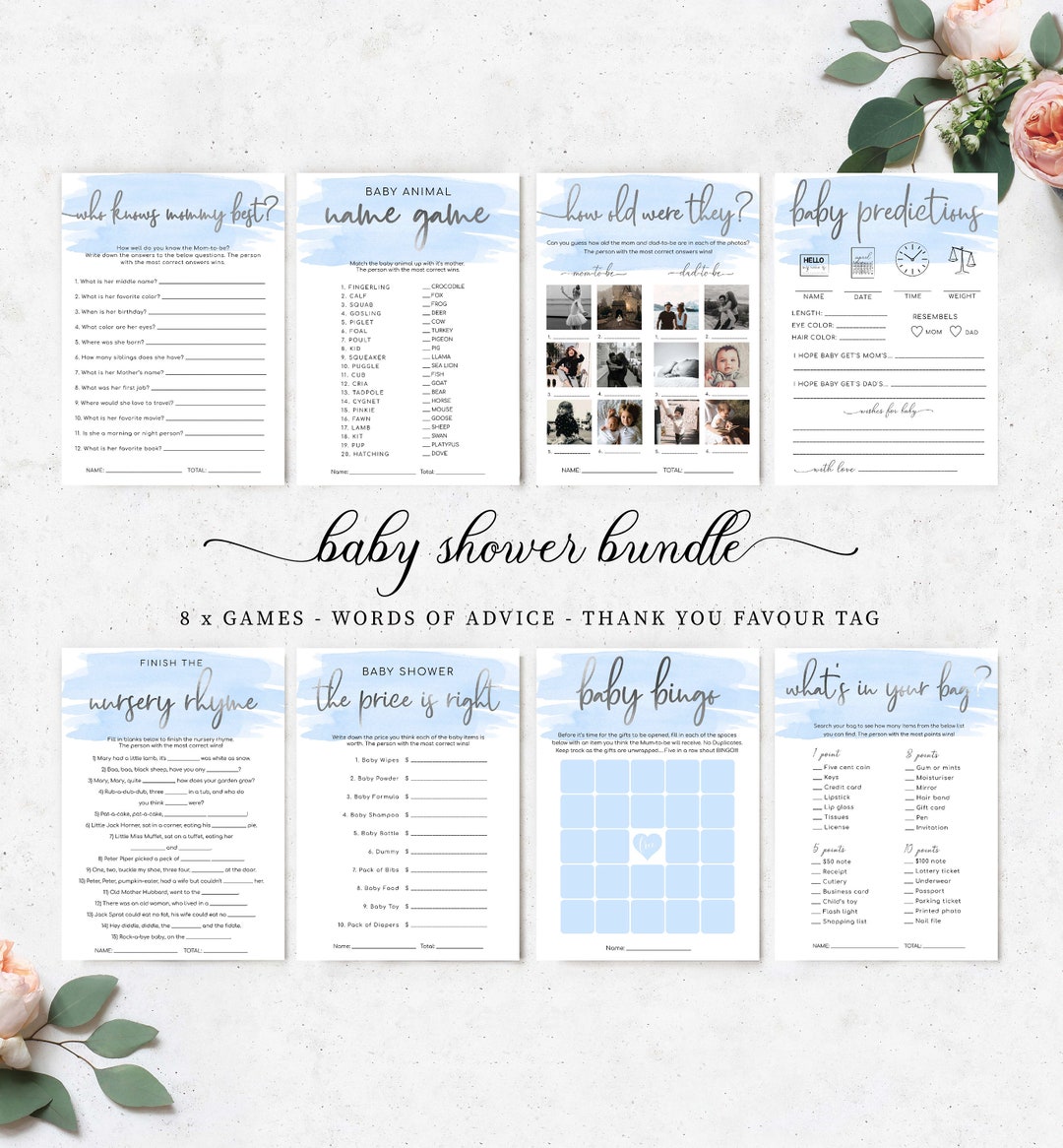 Printable Baby Shower Games Bundle, Blue Watercolour, Silver, Boy Baby ...