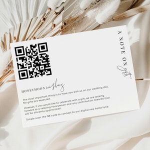Cartão de desejos de lua de mel de casamento com código QR, modelo de poço de desejos de casamento minimalista, cartão de solicitação de presente de dinheiro para impressão, primeiro fundo residencial, Estelle