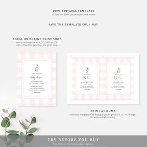 May include: Printable baby shower invitation template with a pink and white gingham pattern. The invitation features a bunny illustration and the text "Please join us for a baby shower honoring mom-to-be Elyse Williams".