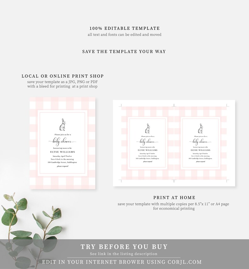 May include: Printable baby shower invitation template with a pink and white gingham pattern. The invitation features a bunny illustration and the text "Please join us for a baby shower honoring mom-to-be Elyse Williams".
