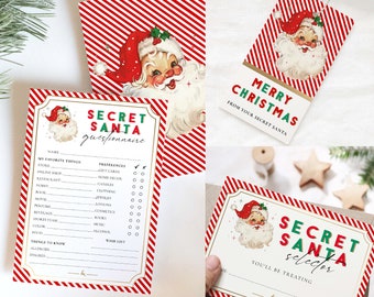 May include: A collection of Secret Santa themed stationery. Includes a questionnaire, a gift tag with "Merry Christmas", and a card that says "Secret Santa selector". All items feature a vintage Santa Claus illustration and red and white striped backgrounds.
