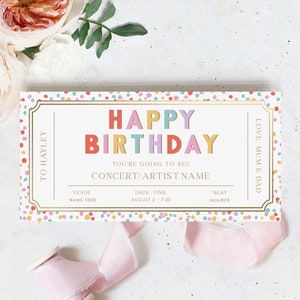 Happy Birthday Konzert Gutschein Vorlage, Printable Musik Festival Ticket Geschenkgutschein, Unisex Geburtstagsgeschenk Coupon, Dot Multi