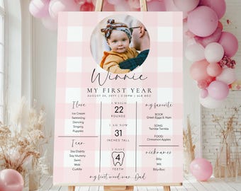 Roze geruite mijlpaalbord voor baby's, eerste verjaardag (digitale download)