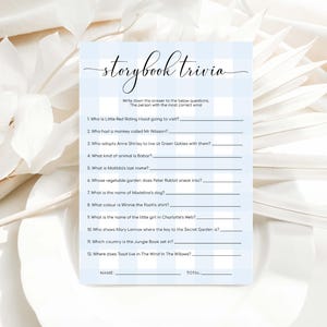 Jeu-questionnaire sur les livres de contes à imprimer, jeu de quiz pour enfants baby shower, jeux de baby shower à carreaux vichy bleu, baby shower garçon