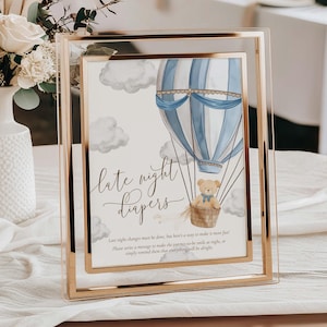 Späte Nacht Windeln Zeichen, Wir können kaum warten, Teddybär, Heißluftballon, druckbare Baby Boy Baby Shower Zeichen, späte Nacht Windeln Zeichen