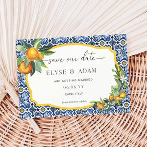 Plantilla imprimible para guardar la fecha de boda con naranjas de mosaico de Positano (descarga digital)