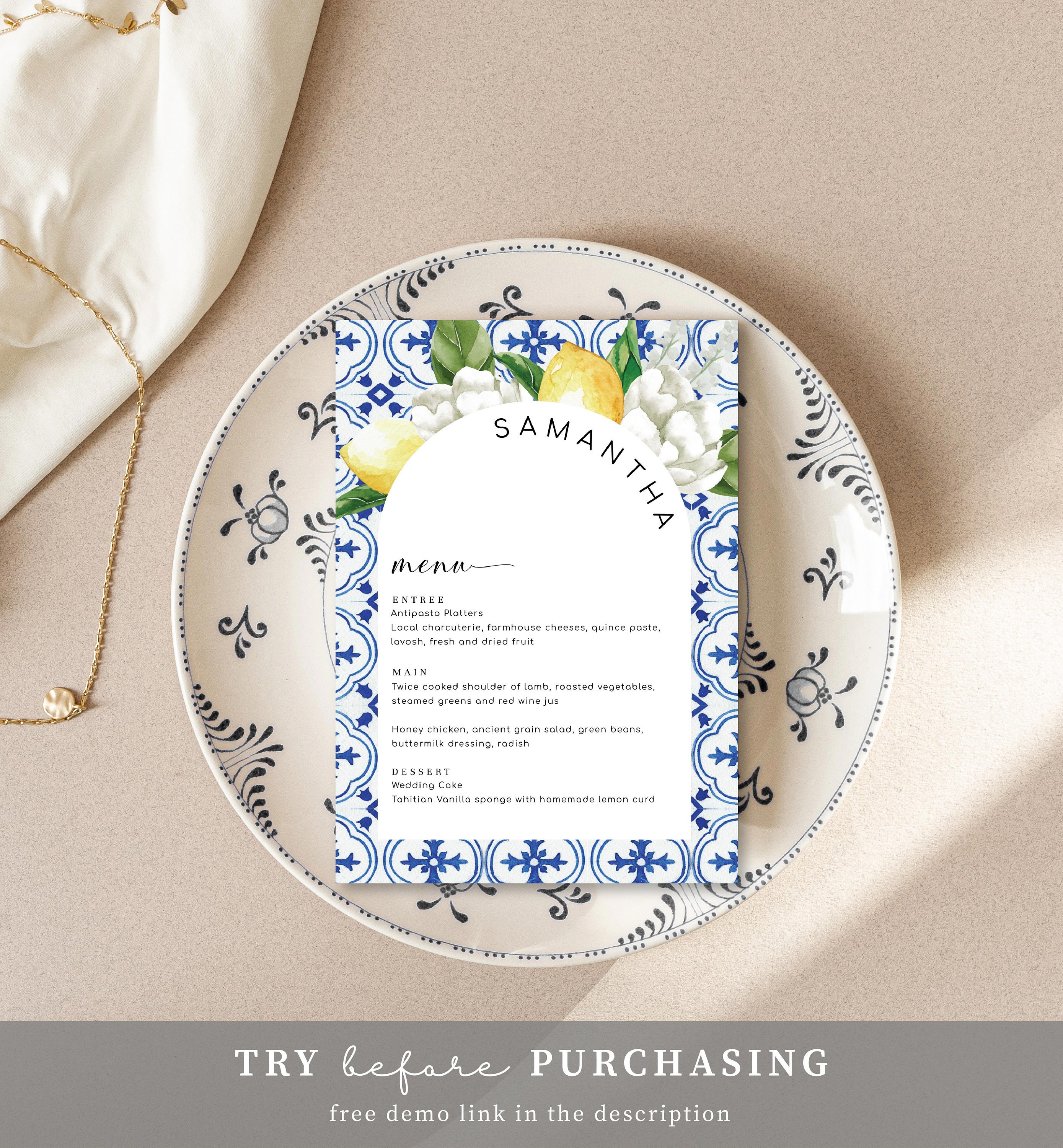 Mediterranean Blue Tile Editable Menu Arch Template Italian