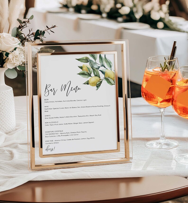 Lemon Bar Menu Sign – Editable Wedding Drinks Menu (Printable), Tuscan Floral