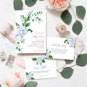 Demande de livre d'invitations pour baby shower et billet de tombola de couches - Invitation baby shower garçon hortensia bleu - sexe neutre - fleur de Ferras