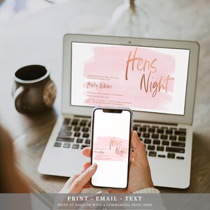 May include: A digital invitation for a Hens Night party with a pink watercolor background and gold text. The invitation includes the name Hayley Wilman's, the date and time of the event, and the location. The text "Hens Night" is written in large, bold letters.