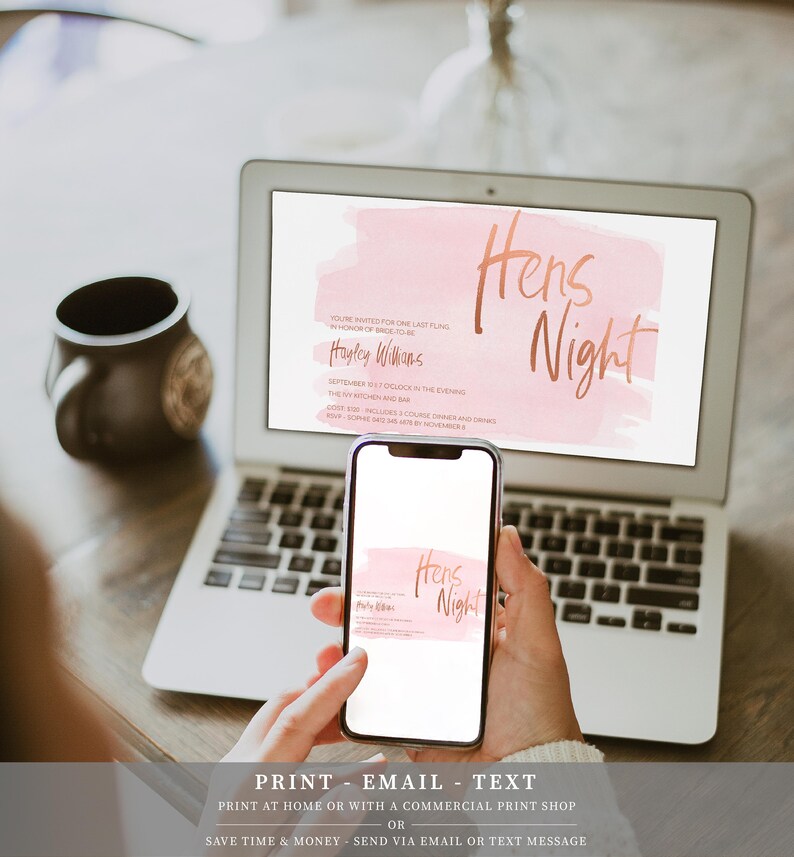 May include: A digital invitation for a Hens Night party with a pink watercolor background and gold text. The invitation includes the name Hayley Wilman's, the date and time of the event, and the location. The text "Hens Night" is written in large, bold letters.