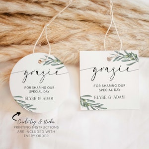 Printable Grazie Favor Tags, Olive Branch Greenery Wedding Favor Tags, Italian Olive Oil Favor Tag, Wedding Thank You Tag, Olive Grove