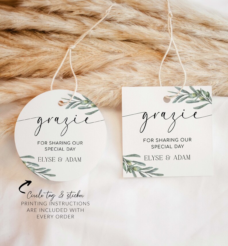 Printable Grazie Favor Tags, Olive Branch Greenery Wedding Favor Tags, Italian Olive Oil Favor Tag, Wedding Thank You Tag, Olive Grove