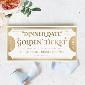 Abendessen Datum Golden Ticket benutzerdefinierte Geschenkgutschein Vorlage, Restaurant Gutschein, druckbare Valentinstag Geschenkzertifikat, Liebe Gutschein, Margo