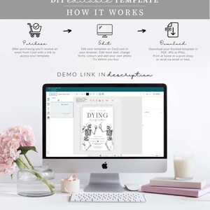 Puede incluir: Un monitor de ordenador muestra una plantilla editable DIY con la palabra "DYING". La imagen detalla los pasos: Comprar, Editar y Descargar. La plantilla incluye gr&aacute;ficos de esqueletos, ideal para Halloween.