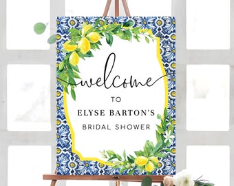 Lemon Bridal Shower Welcome Sign, Positano Blue Tile Lemons Printable Wedding Sign, Greenery Welcome Sign, Baby Shower Sign