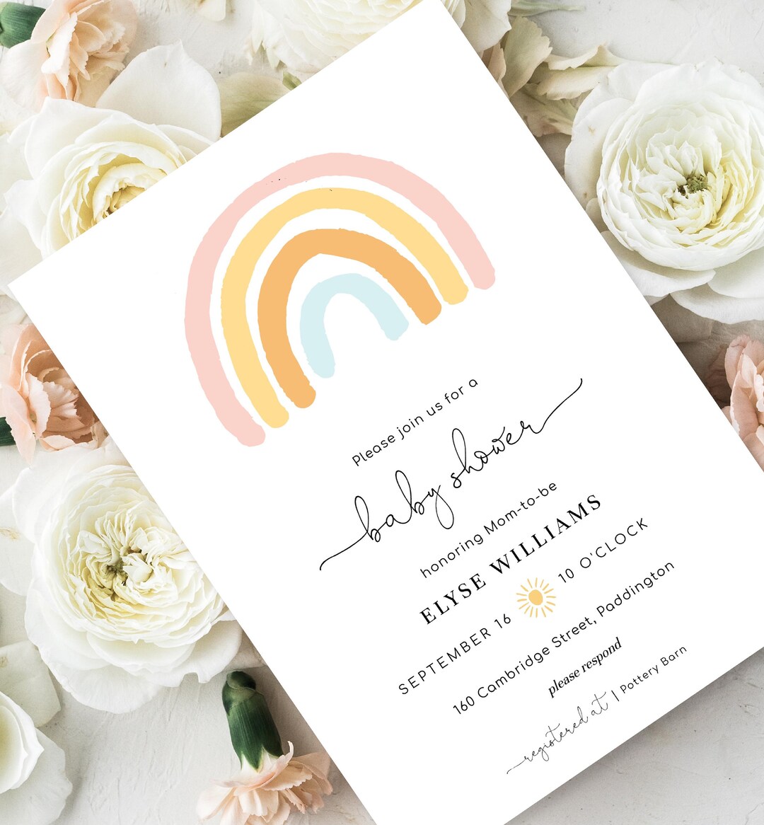 Rainbow Baby Shower Printable Invitation - Editable Boho Rainbow Theme ...