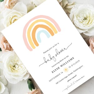 Rainbow Baby Shower Printable Invitation - Editable Boho Rainbow Theme Girl Baby Shower Invitation - Modern Boho Girl Baby Shower Invitation