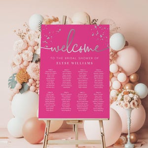 Afdrukbare tafelkaartsjabloon, tabel babyshower, zitplaatsenplattegrond vrijgezellenfeest, warmroze zilver, poster vrijgezellenfeest, schilderachtig
