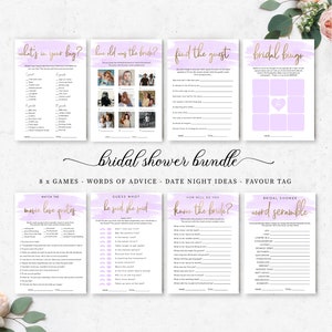 Purple Watercolour Bridal Shower Games Bundle Pack - Hen&#39;s Party Games - Bachelorette Party Games - Gold Foil - DIY Bridal Shower